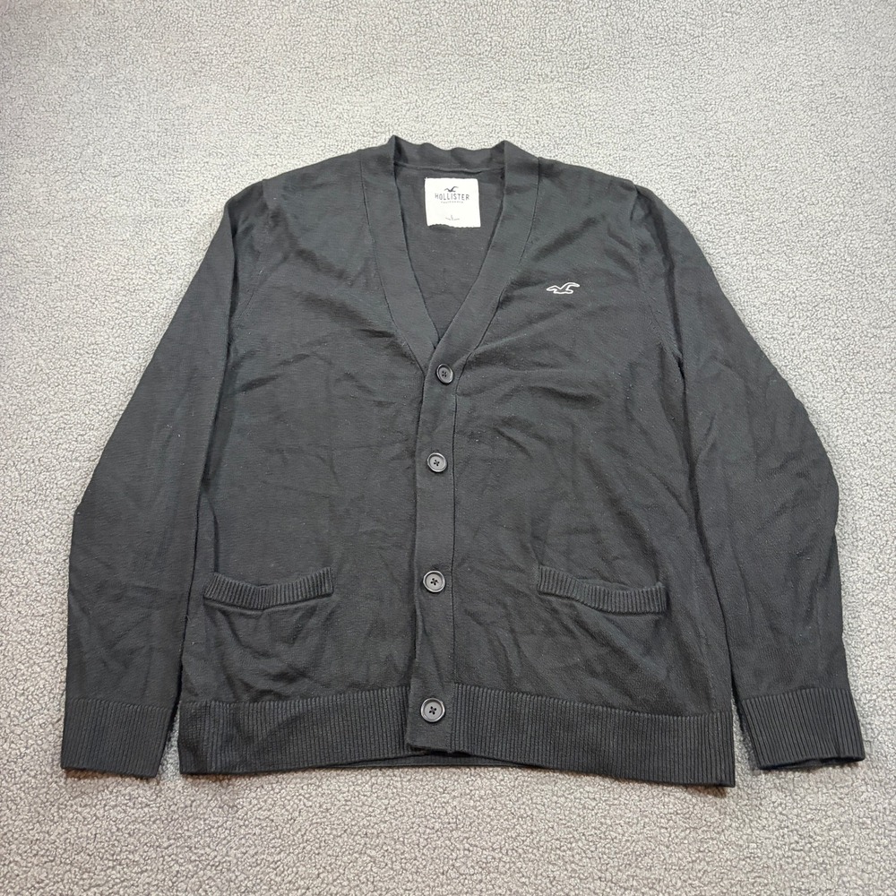 Hollister Cardigan Mens Large Black V-Neck Button Front Embroidered Logo Sweater